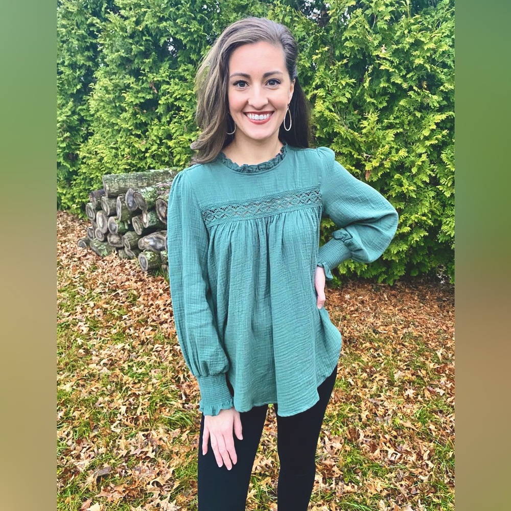 Ruffled mock neck cotton gauze top